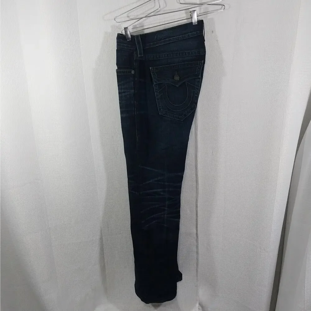 TRUE RELIGION! FAB DEEP BLUE, LOGO POCKET OMBRE FADE STRAIGHT LEG JEANS! SZ 36